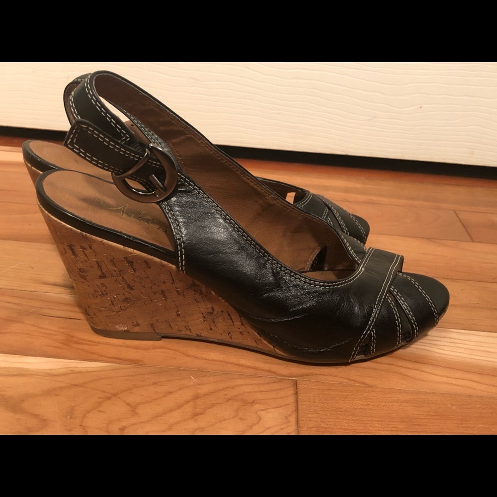 Leather Black Wedge Sandals